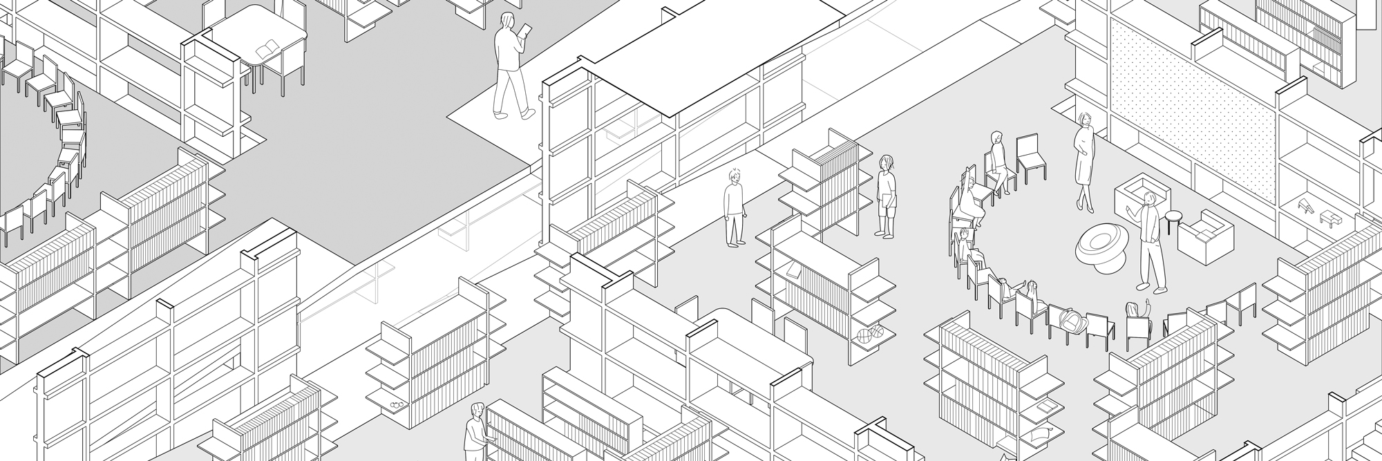 ARH-410-Lee-Daniel-Second-Level axonometric drawing of a library interior